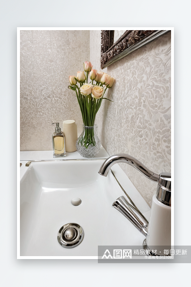 浴室优雅水槽手巾镜子与花瓶图片素材
