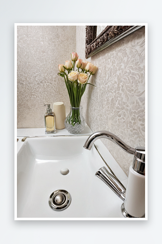 浴室优雅水槽手巾镜子与花瓶图片