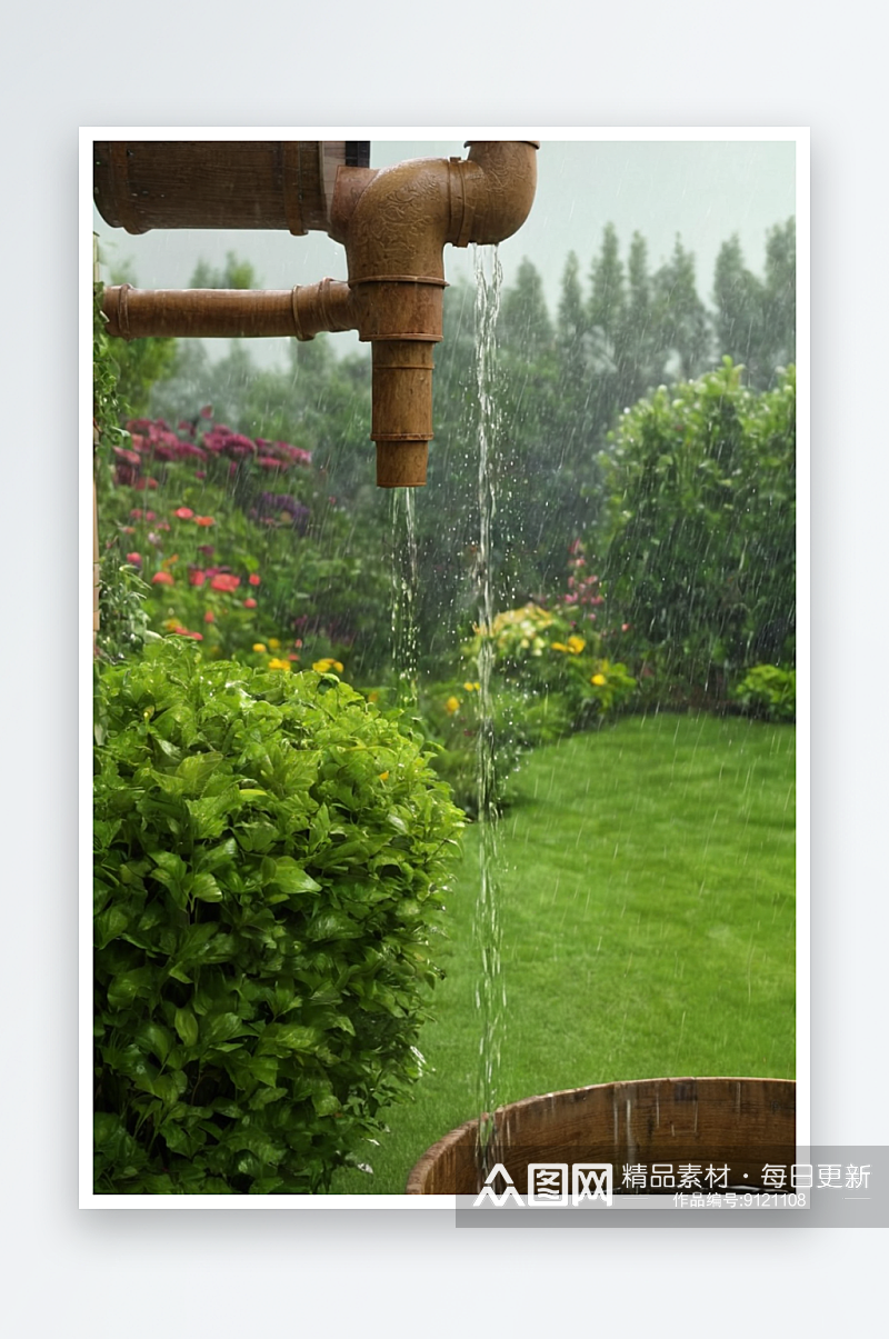 雨水流进花园桶里夏天雨水从排水管流到花园素材