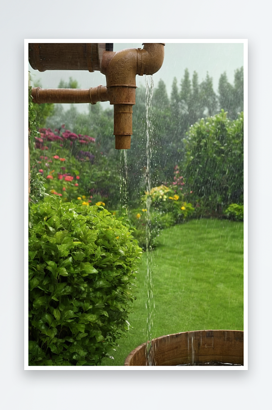 雨水流进花园桶里夏天雨水从排水管流到花园