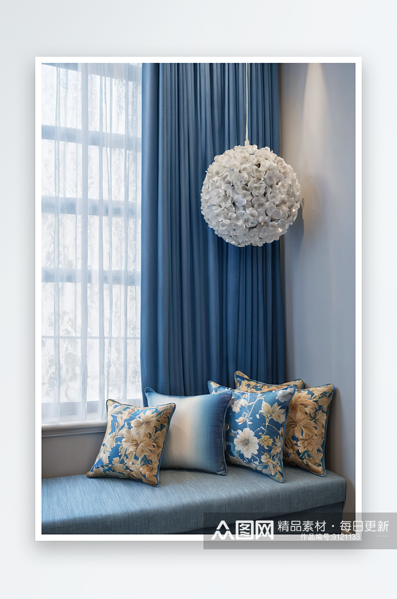 有靠垫长椅蓝色窗帘窗前挂着灯图片素材