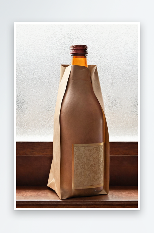 用棕色包装纸装着酒精瓶子放窗户上照片