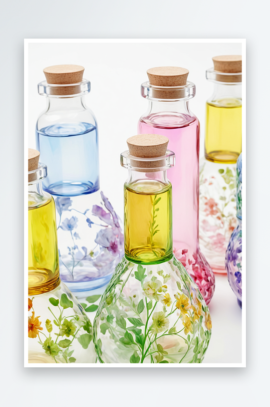 一套透明瓶子与彩色油乳液白色背景图片
