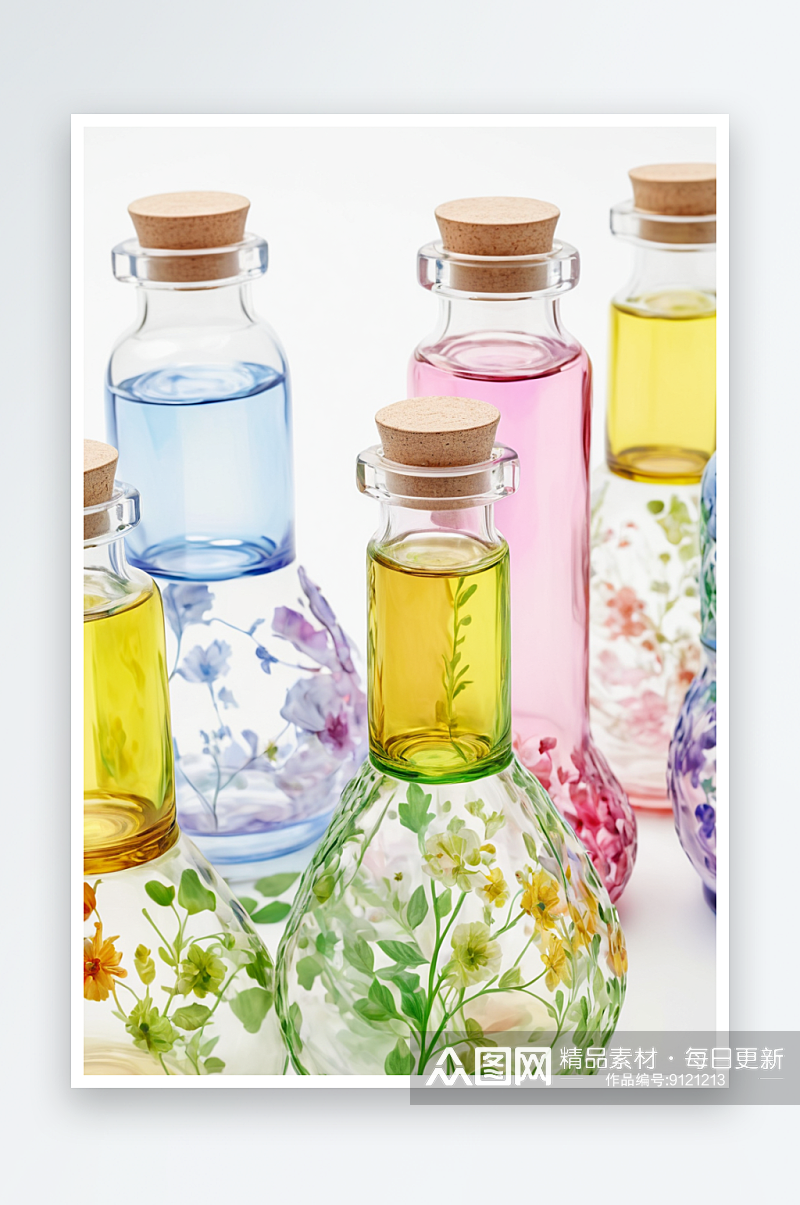 一套透明瓶子与彩色油乳液白色背景图片素材