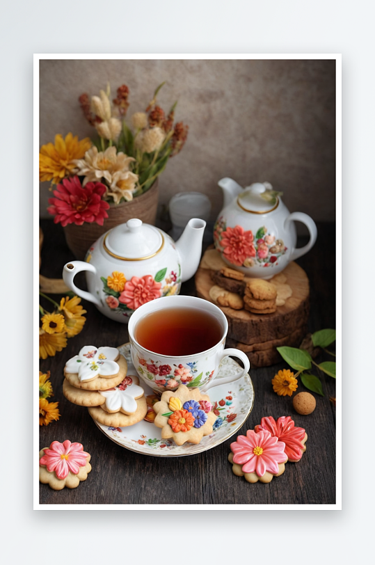 一套漂亮茶具有鲜花饼干秋季用具舒适时尚茶