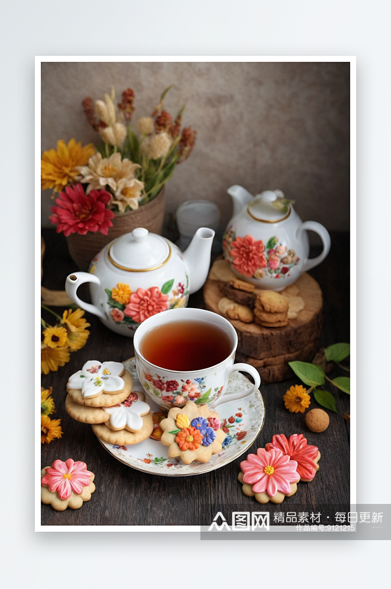 一套漂亮茶具有鲜花饼干秋季用具舒适时尚茶素材