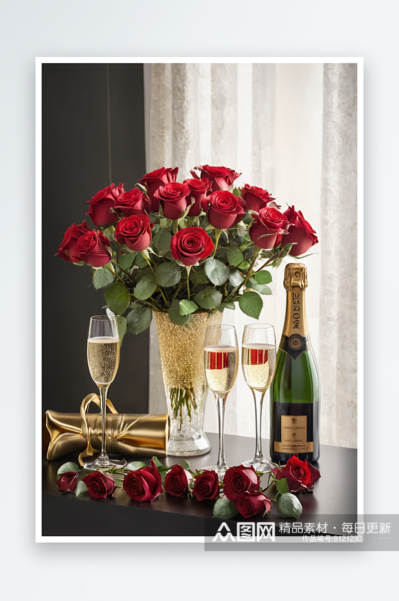 一束红玫瑰一瓶香槟两个玻璃杯图片素材