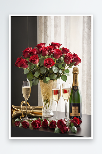 一束红玫瑰一瓶香槟两个玻璃杯图片