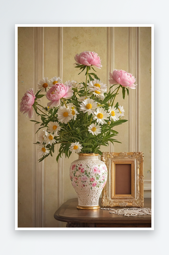 一个牡丹雏菊花瓶一个空画框图片