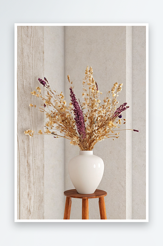 一个不寻常白色花瓶木架上放着干花图片