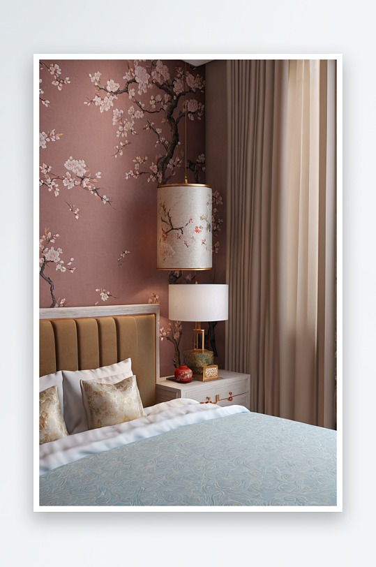 新中式风格卧室床铺图片