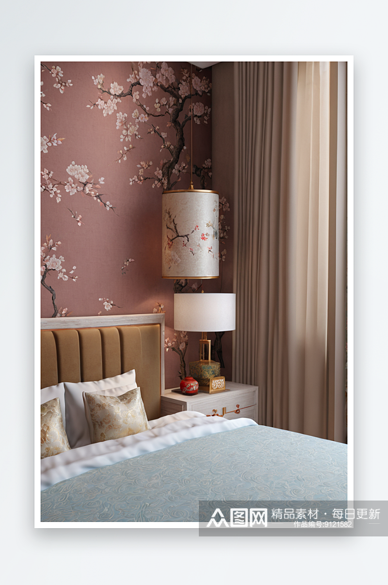 新中式风格卧室床铺图片素材