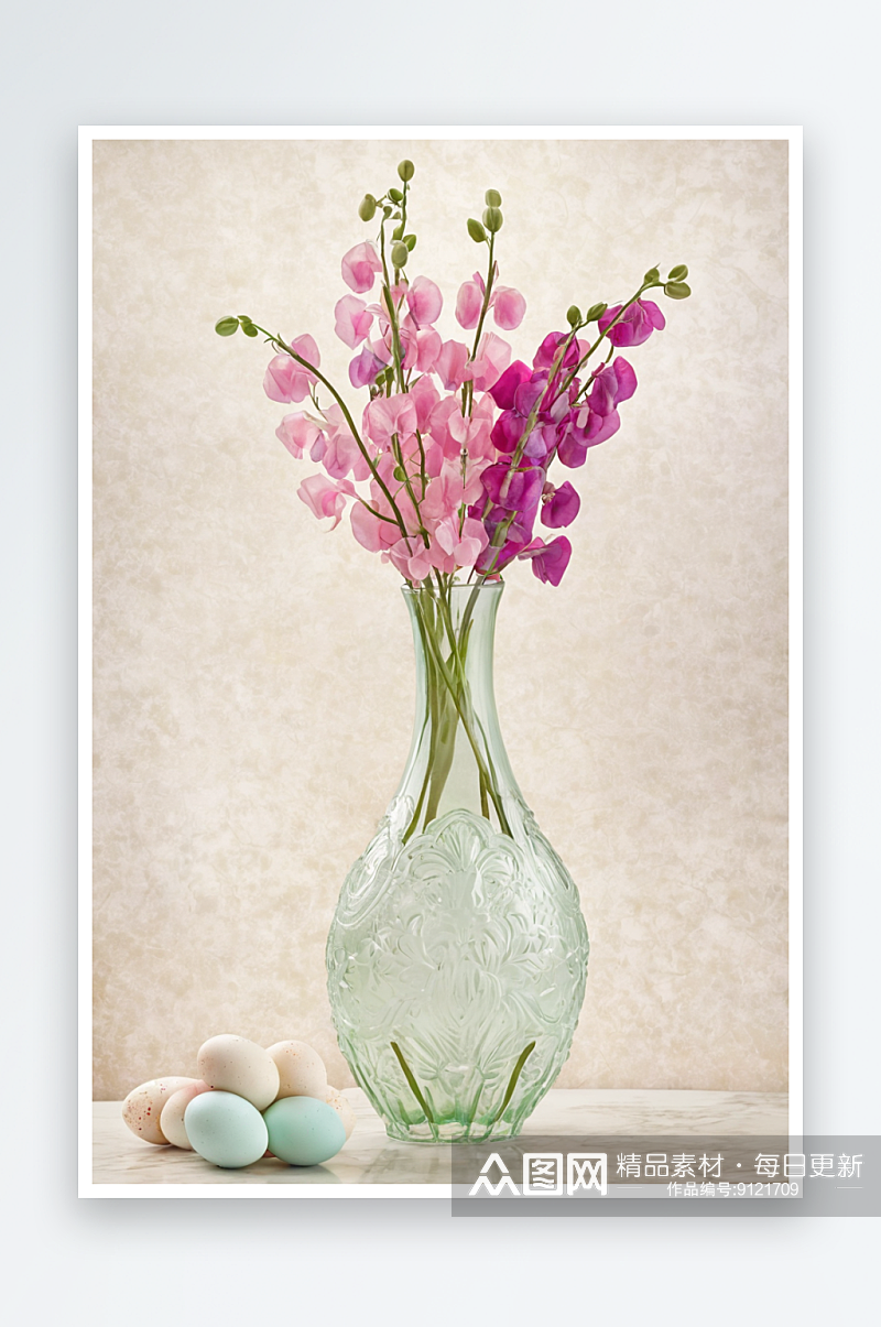 香豌豆花束古董玻璃花瓶与鸟蛋照片素材