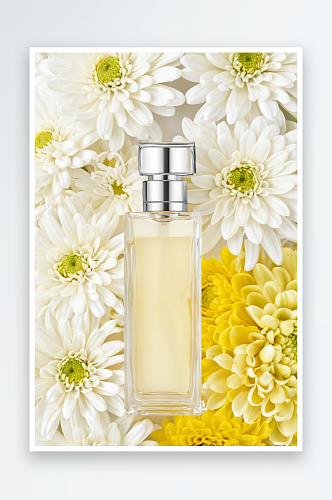 香水瓶上有菊花花束白色黄色花排列背景垂直