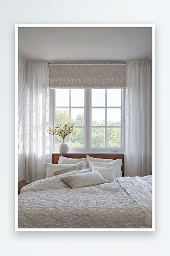 乡村卧室格子窗下床上灰白色床罩图片