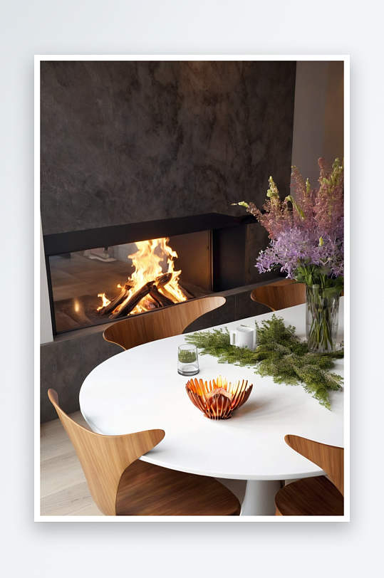 现代木制贝壳椅子周围白色餐桌与明火背景图