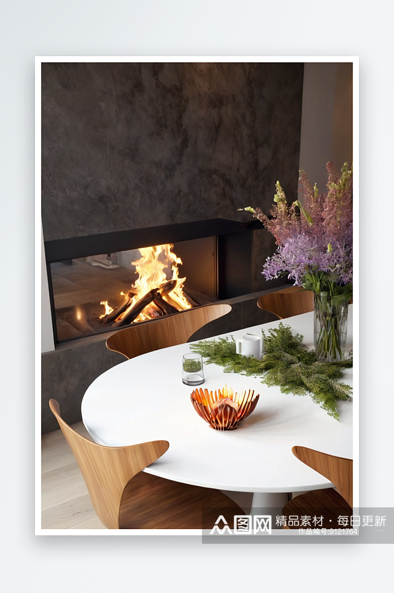 现代木制贝壳椅子周围白色餐桌与明火背景图素材