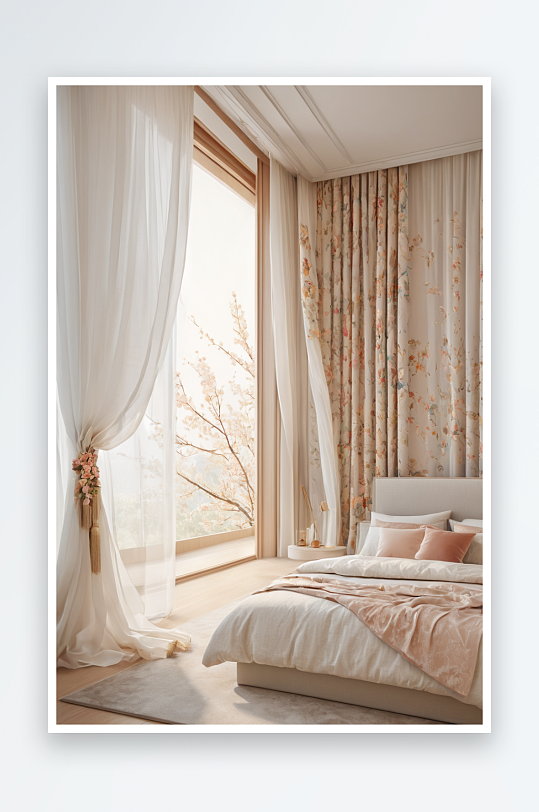 现代简约风格卧室风吹起窗帘图片