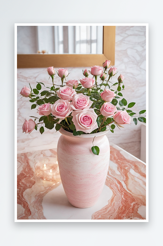 鲜切淡粉色蔓生玫瑰装白色花瓶图片
