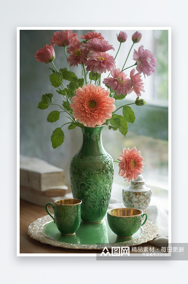 鲜花插花瓶绿杯子里图片素材