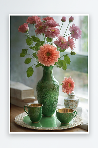 鲜花插花瓶绿杯子里图片