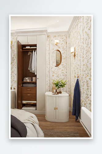 卧室有白色内置衣柜复古风格可以看到浴室套