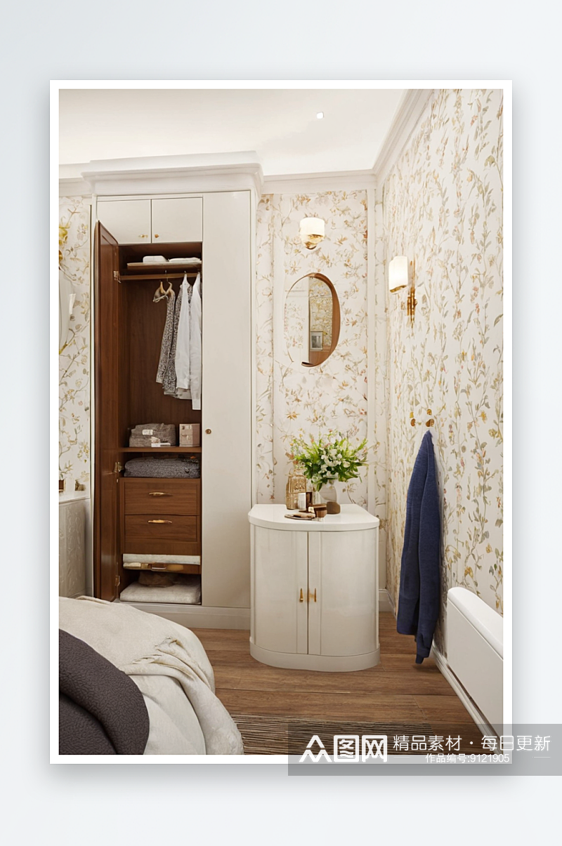 卧室有白色内置衣柜复古风格可以看到浴室套素材