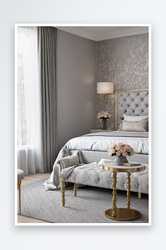 卧室床前有一个软垫长凳呈灰色图片
