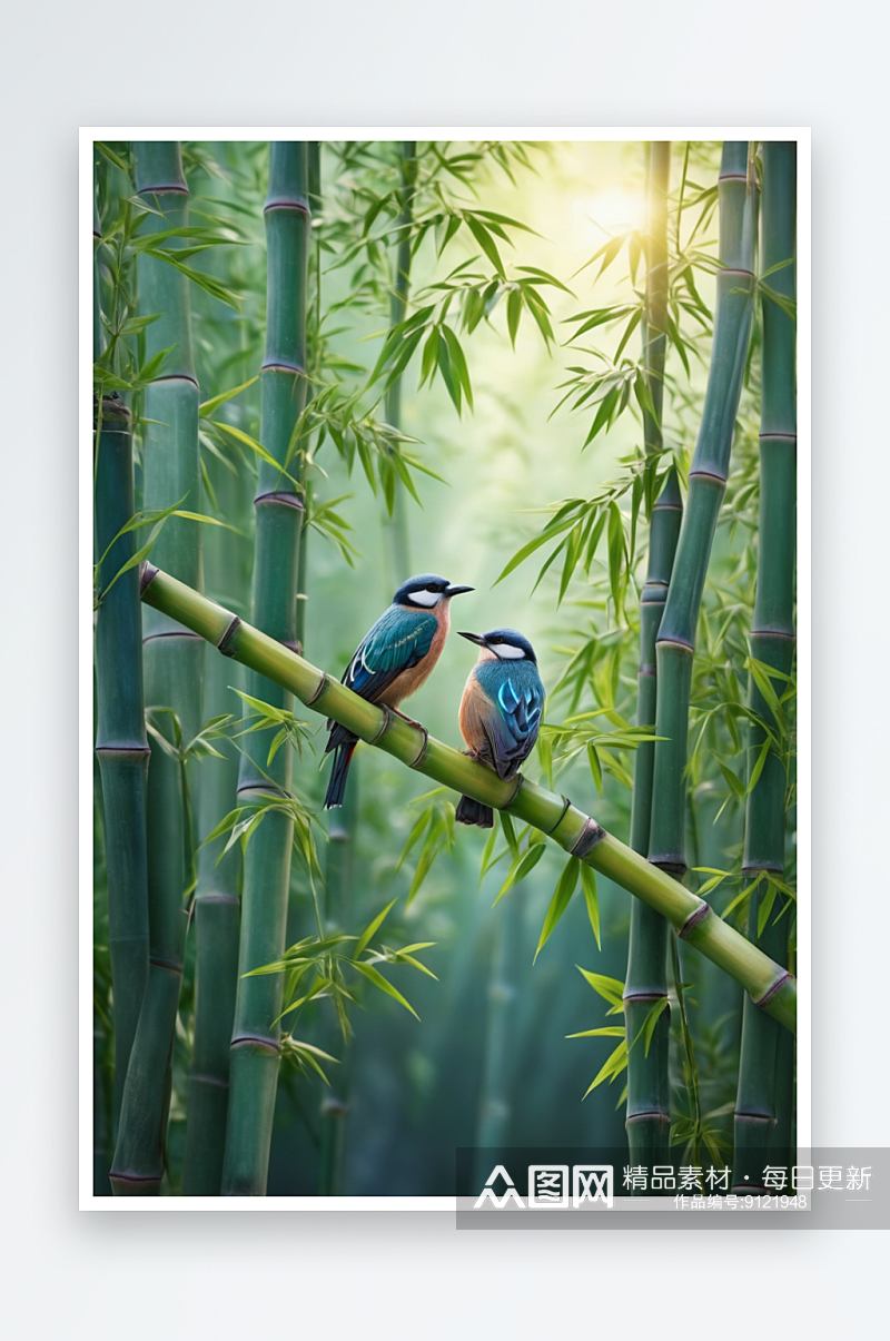 微距摄影竹子上小鸟图片素材