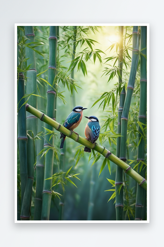 微距摄影竹子上小鸟图片