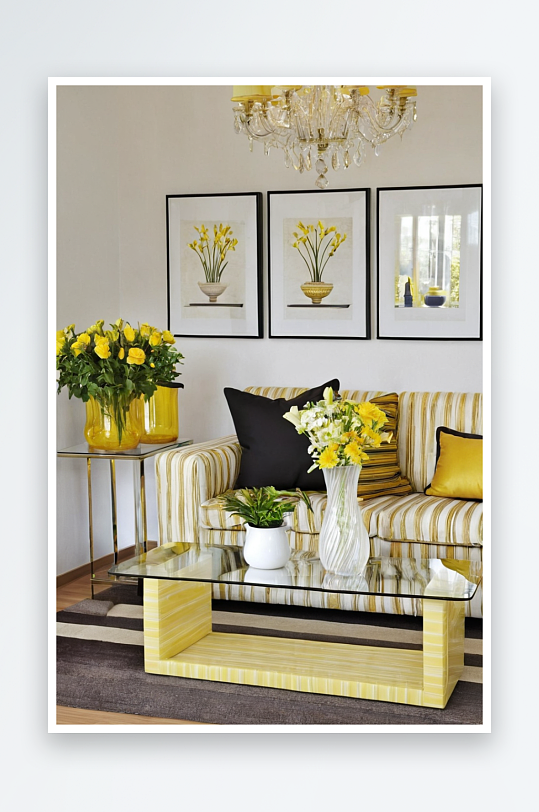 条纹沙发玻璃桌子黄色靠垫花瓶图片