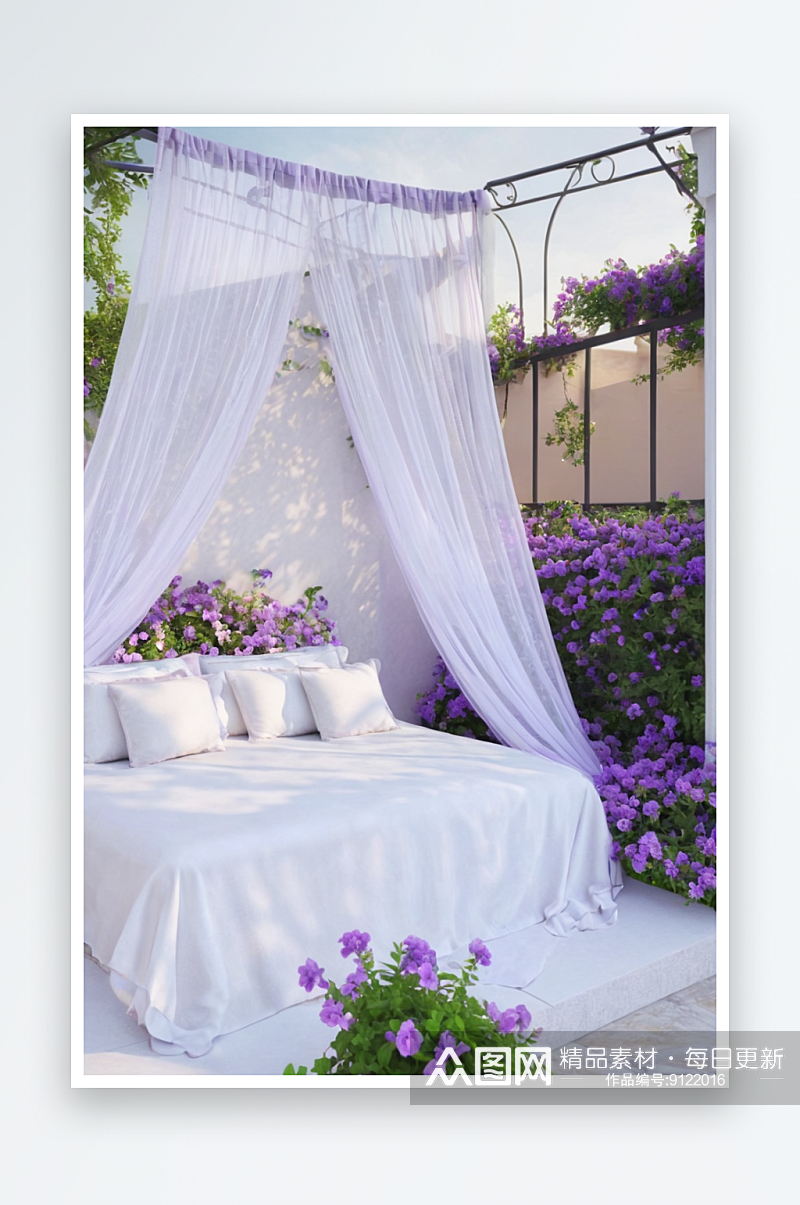 天篷紫色花阳台上卧床图片素材