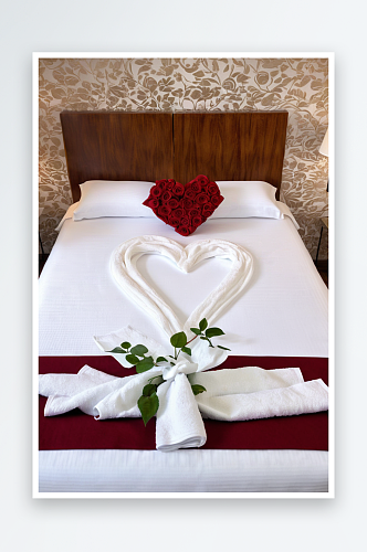 天鹅玫瑰心形折叠毛巾艺术与植物叶子酒店床