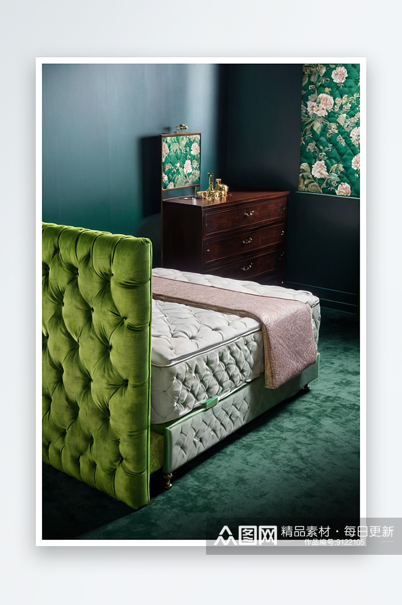 双人床一个单独绿色软垫床头图片素材