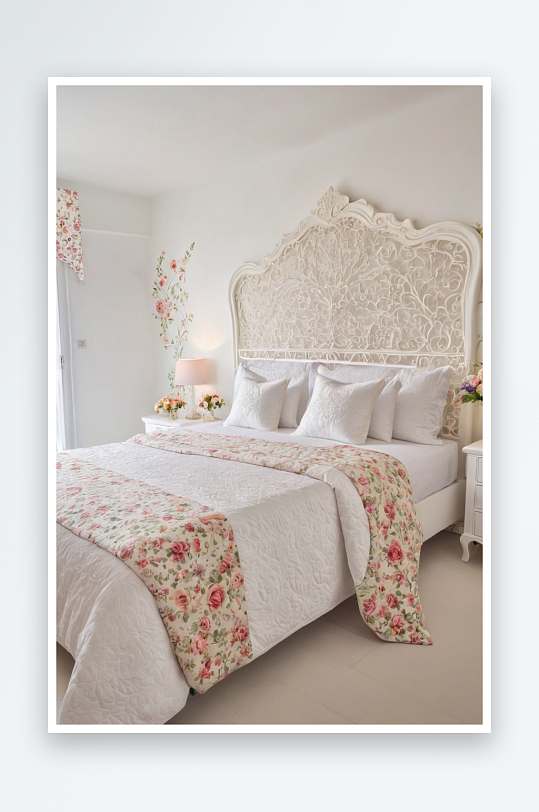 双人床节日装饰白色卧室图片