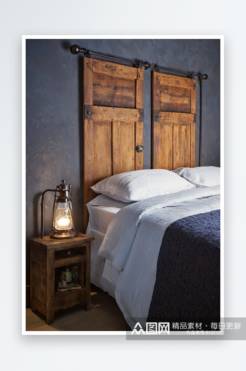 双人床床头板采用老式农家柜门及壁灯用作素材