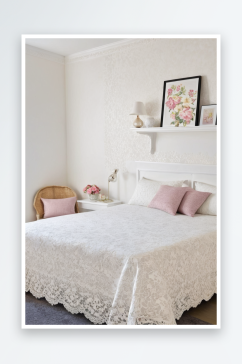 双人床白色花边床罩墙上白色架子下有图案散