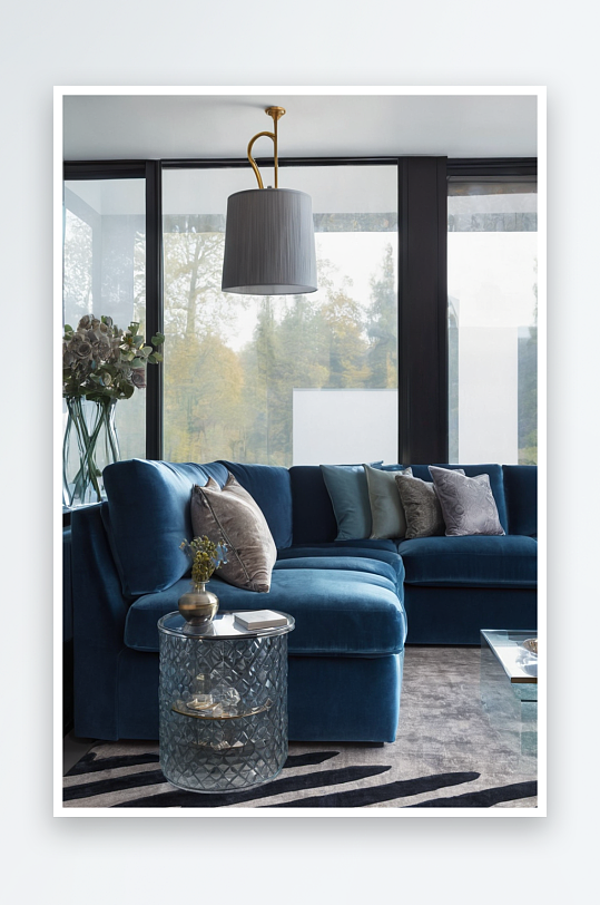 舒适灰蓝色角落沙发复古标准灯具玻璃幕墙前