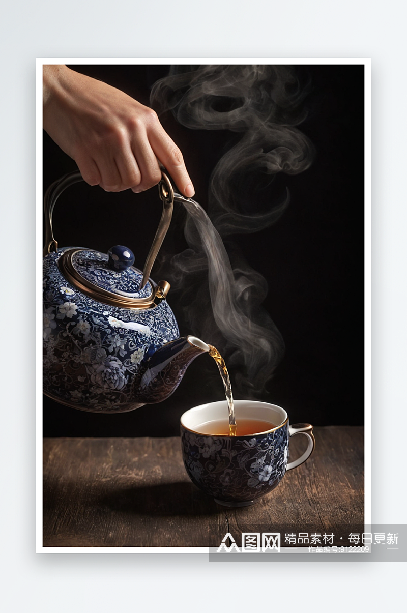 手持茶壶向盖碗中倒茶特写深色调照片素材