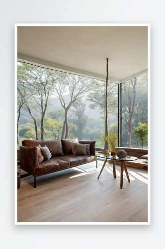 室内有现代沙发质朴边桌配有玻璃墙树木景观