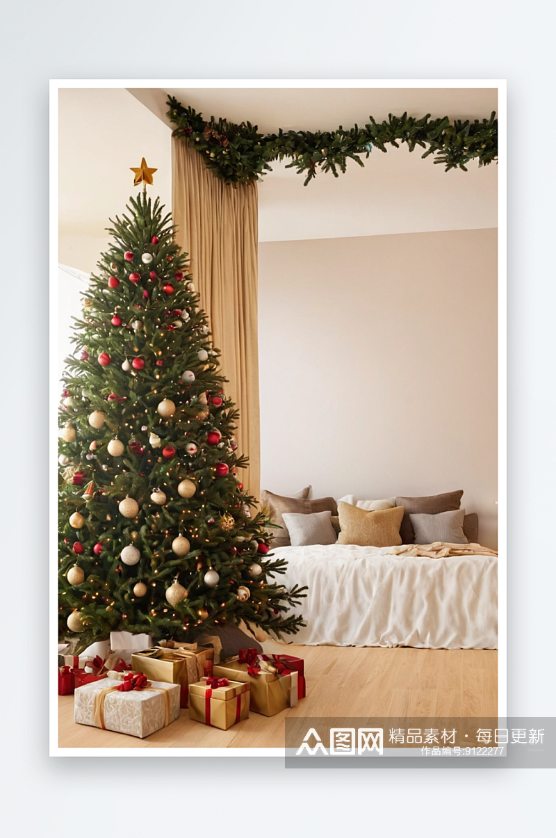 圣诞节室内设计一个舒适卧室与装饰圣诞树冷素材