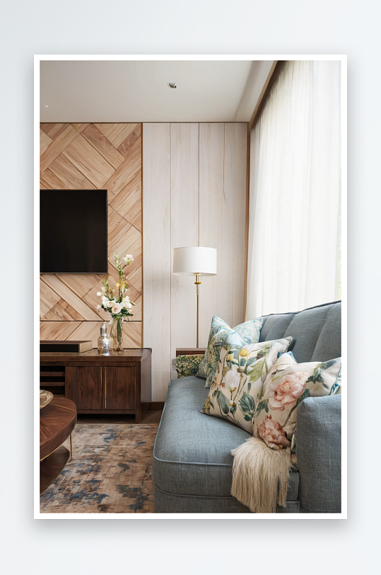 沙发与图案枕头木镶板墙图片