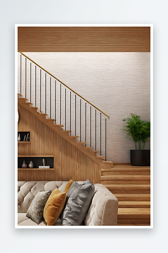 沙发有枕头背景是楼梯楼梯墙有木镶板图片