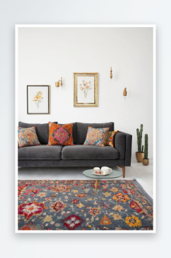 色彩鲜艳地毯前面灰色沙发与民族坐垫画廊图