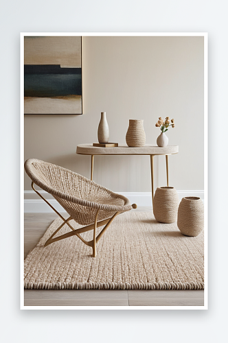 浅色羊毛地毯上带绳带座椅边桌贝壳椅背景