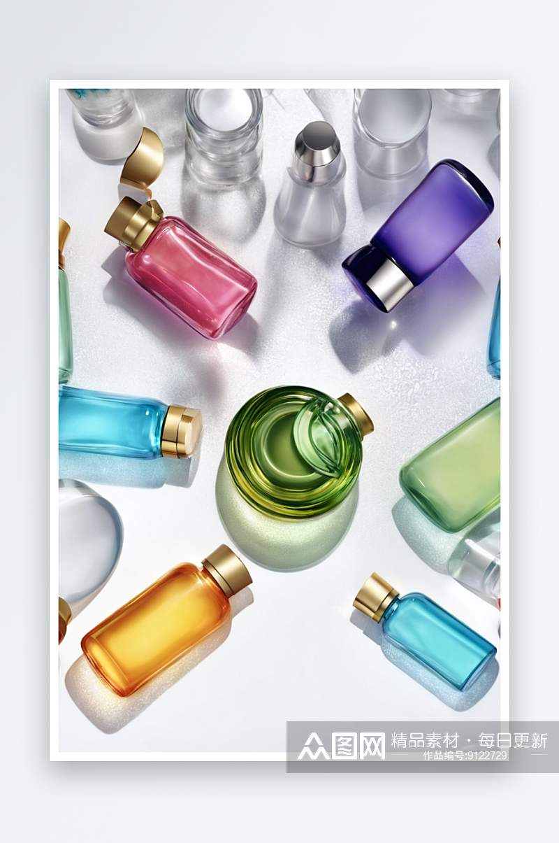 浅色背景美容产品彩色瓶子图片素材