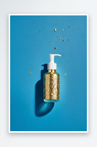 瓶子自然洗液与金色闪烁蓝色背景与液滴度最