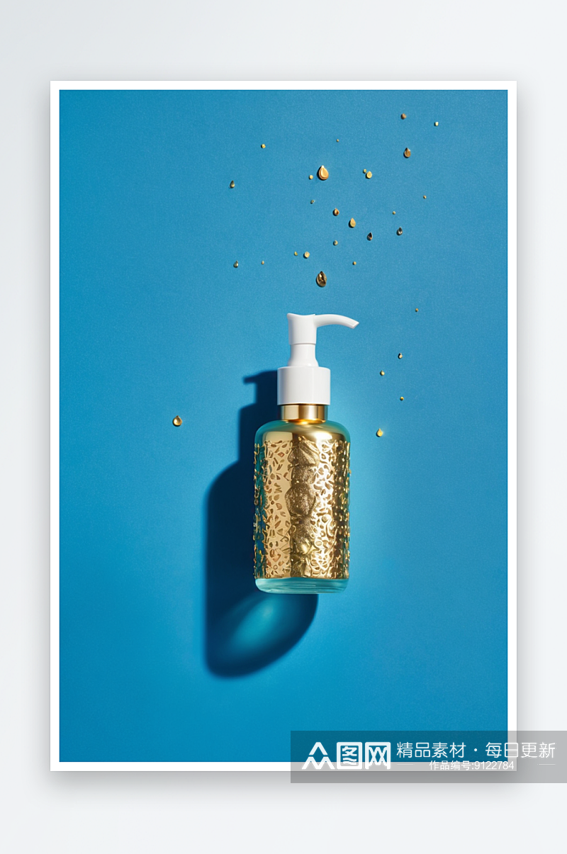 瓶子自然洗液与金色闪烁蓝色背景与液滴度最素材
