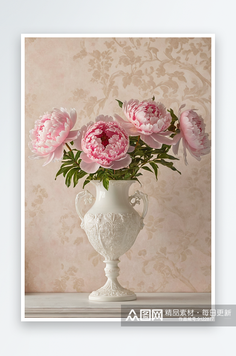 牛奶玻璃花瓶与粉红色牡丹古董油漆面包师机素材