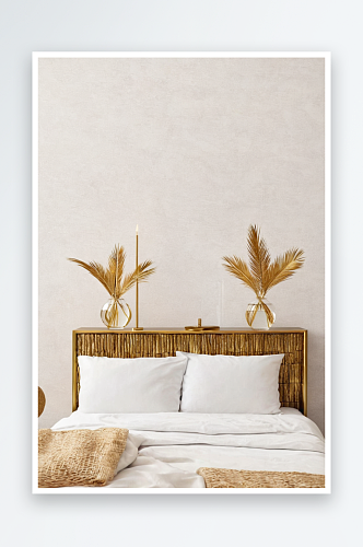 木制床头板玻璃花瓶里放着干燥金色棕榈叶上